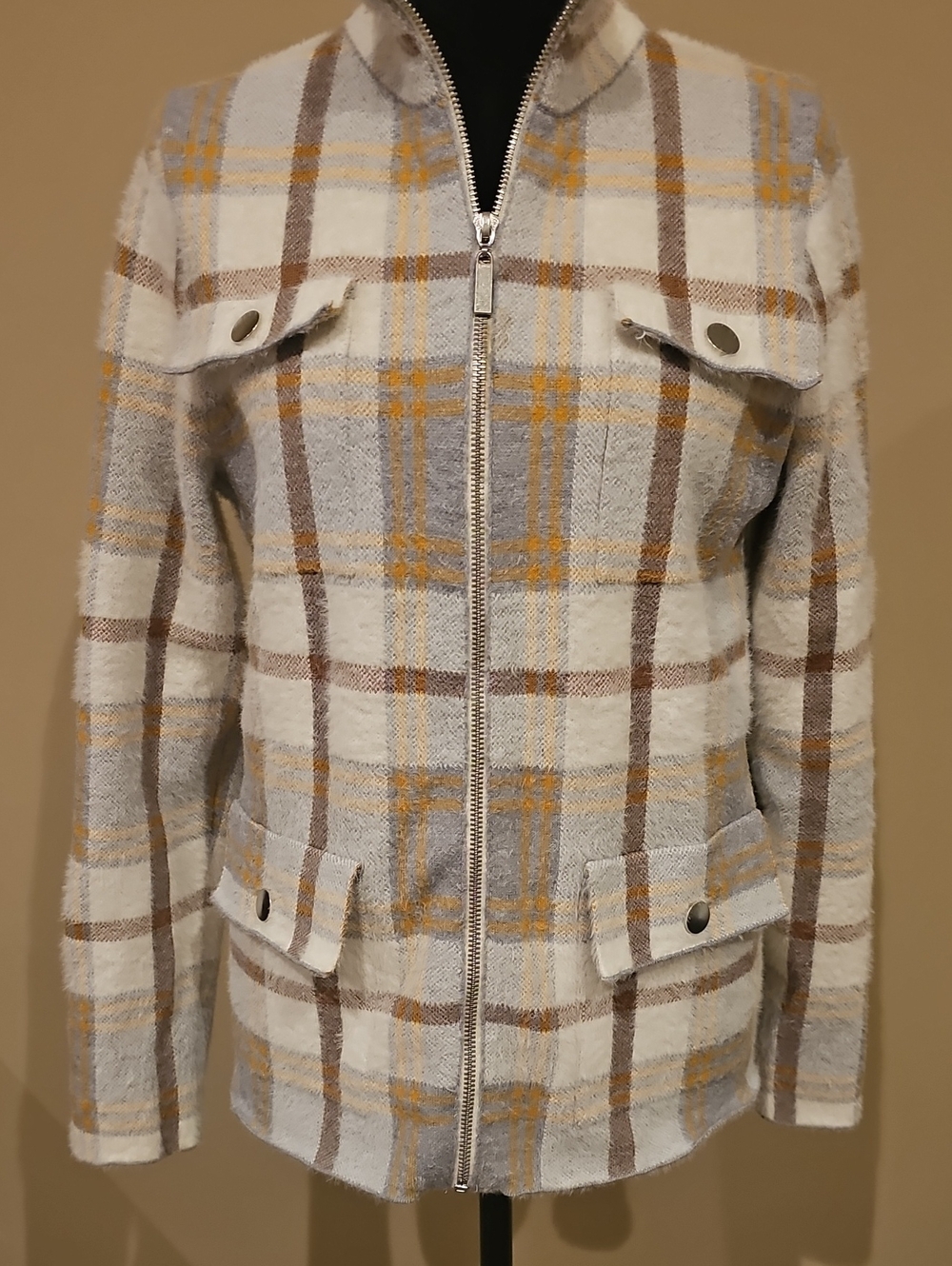 Rachel Zoe Cream, Gray & Brown Plaid Zip Jacket with Mustard Accents